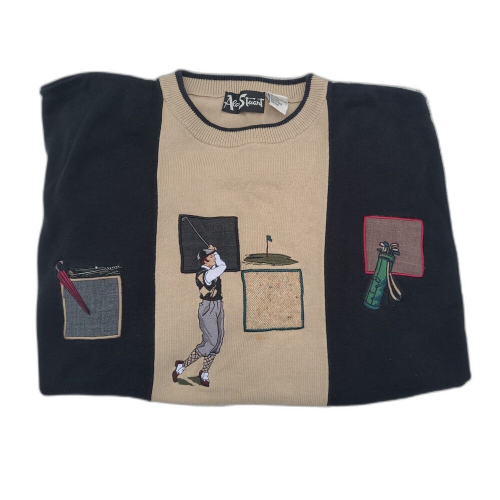 Vtg Golf Sweater by Alan Stuart 90s Textured 3D Embroidered